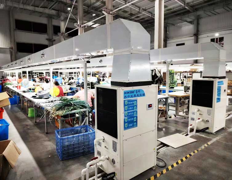 制衣廠區(qū)域崗位降溫，安裝蒸發(fā)冷省電空調-立式管道機